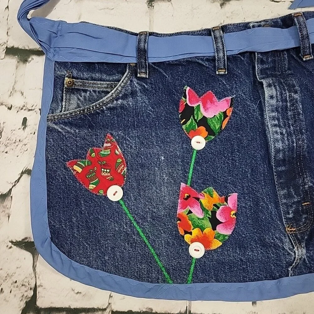 Handmade Denim Half‎ Apron Flower Patchwork Buttons Original By Barbara  VTG